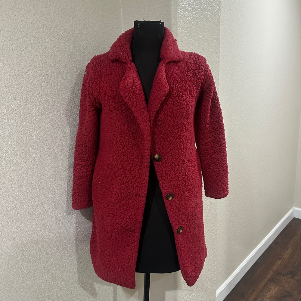 Womens Cozy Teddy Coat - Burgundy Faux Shearling Jacket